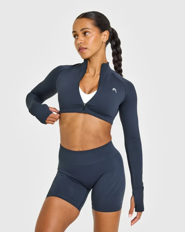 EnhanceLift™ Seamless Crop Jacket with White Logo | True Blue sold by Oner Active