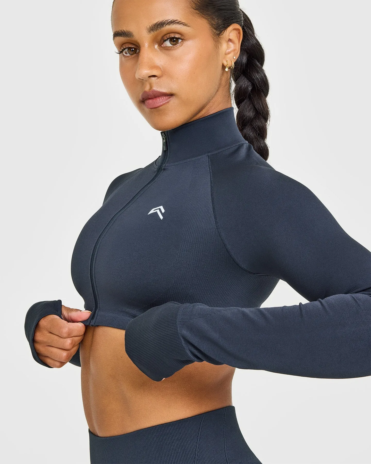 EnhanceLift™ Seamless Crop Jacket with White Logo | True Blue sold by Oner Active product image thumbnail 5