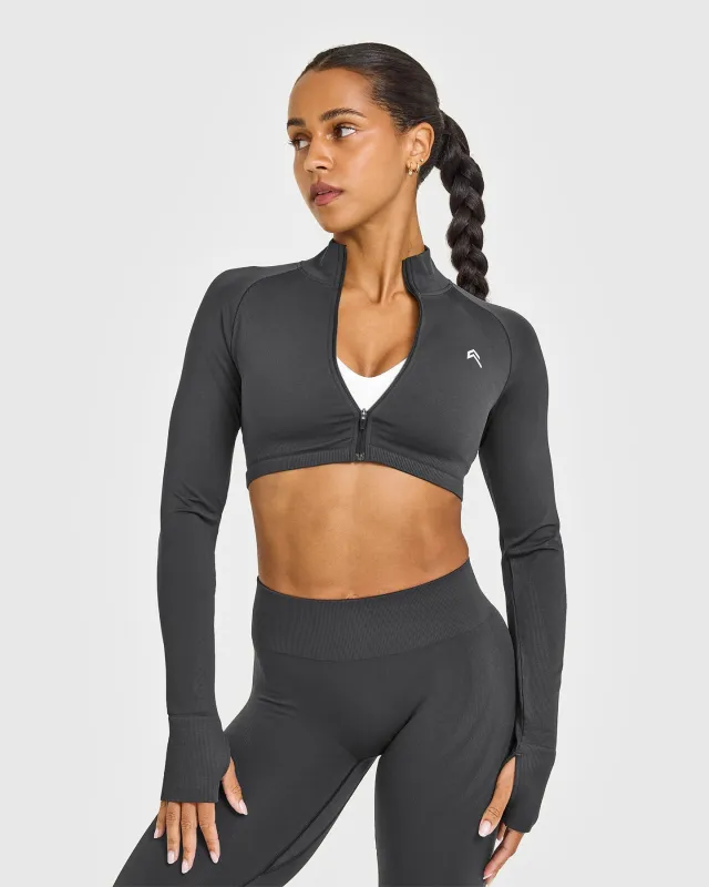 EnhanceLift™ Seamless Crop Jacket with White Logo | Coal sold by Oner Active