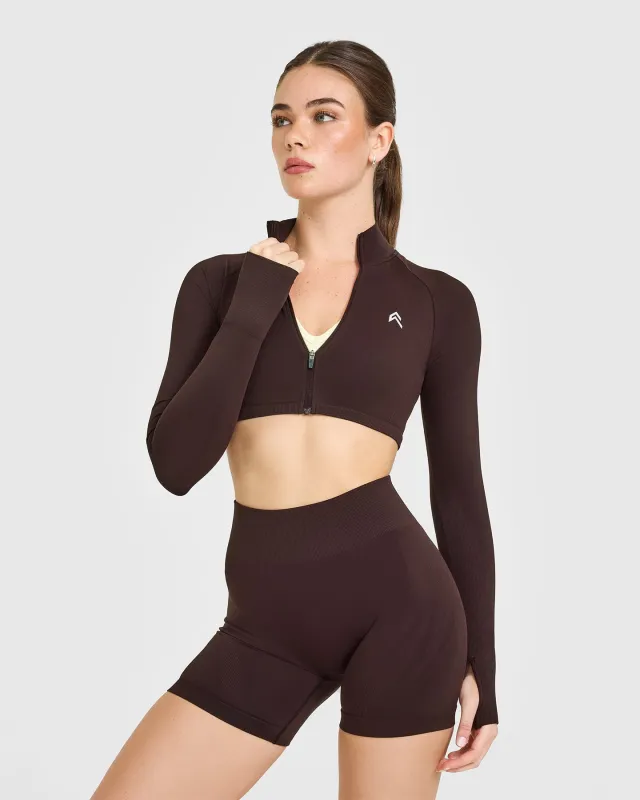 EnhanceLift™ Seamless Crop Jacket with White Logo | Plum Brown sold by Oner Active
