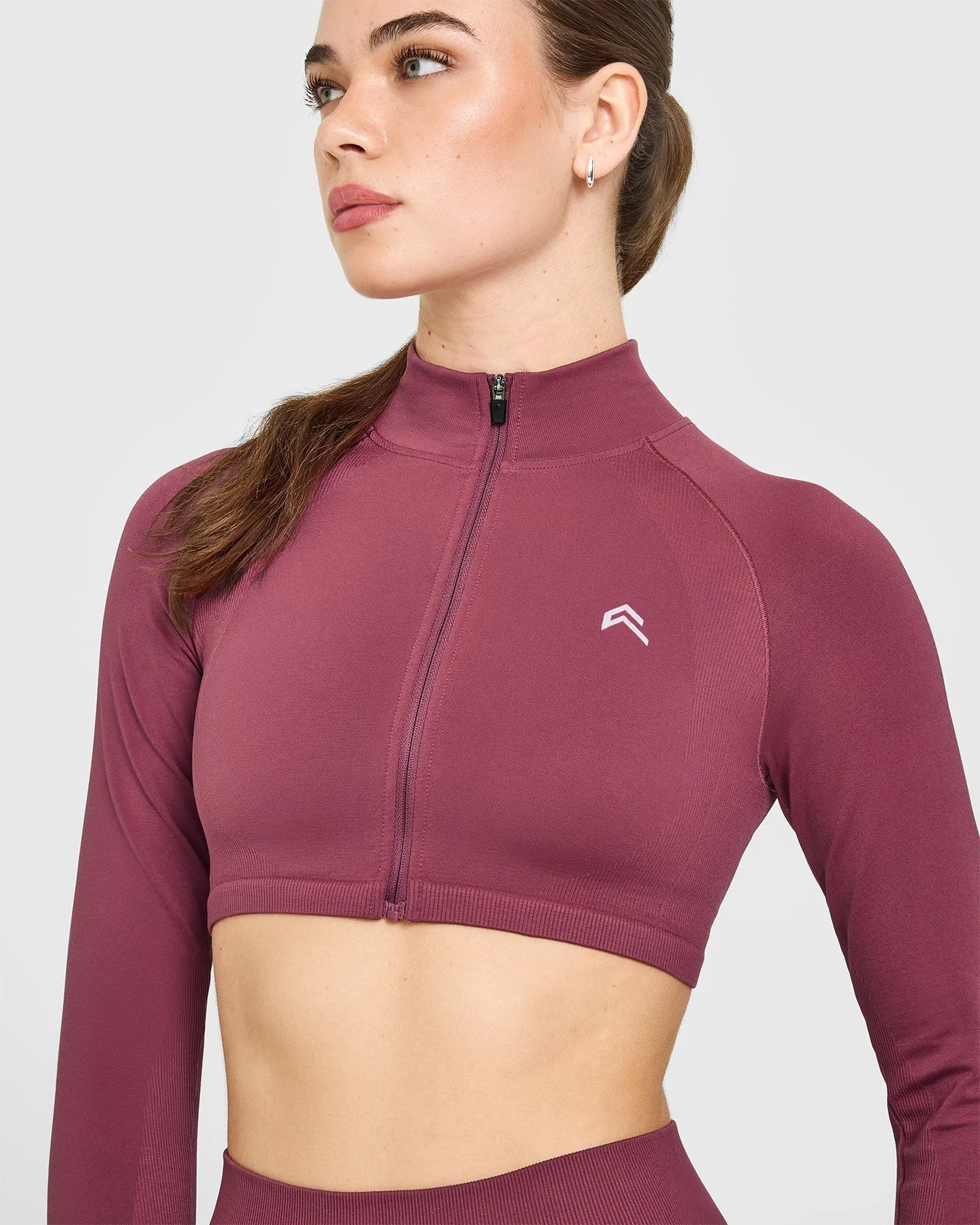 EnhanceLift™ Seamless Crop Jacket with White Logo | Burnt Maroon sold by Oner Active product image thumbnail 5