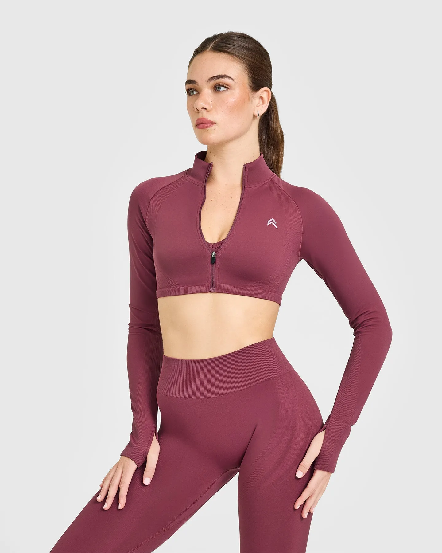EnhanceLift™ Seamless Crop Jacket with White Logo | Burnt Maroon sold by Oner Active