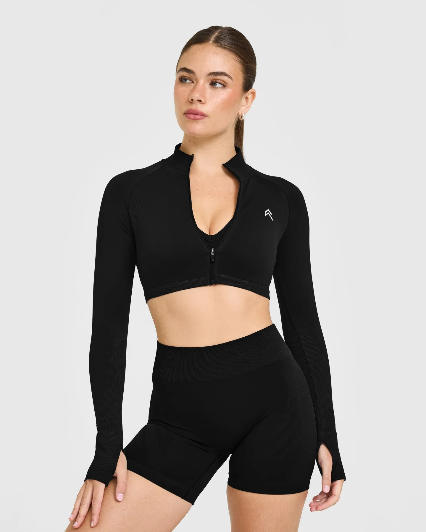EnhanceLift™ Seamless Crop Jacket with White Logo | Black sold by Oner Active