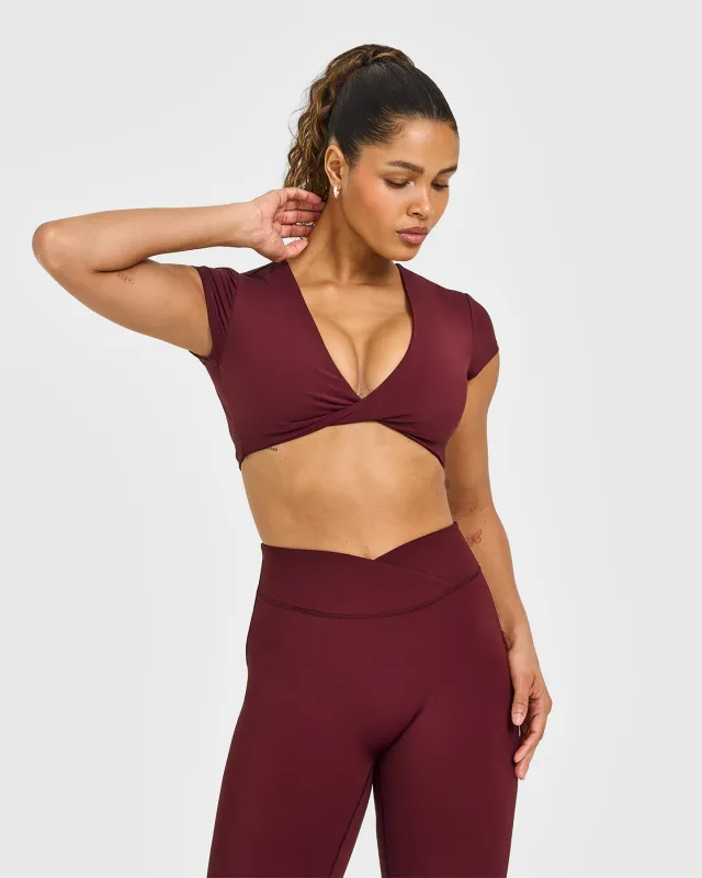 Unified Twist Front Short Sleeve Crop Top White Logo | Rosewood sold by Oner Active