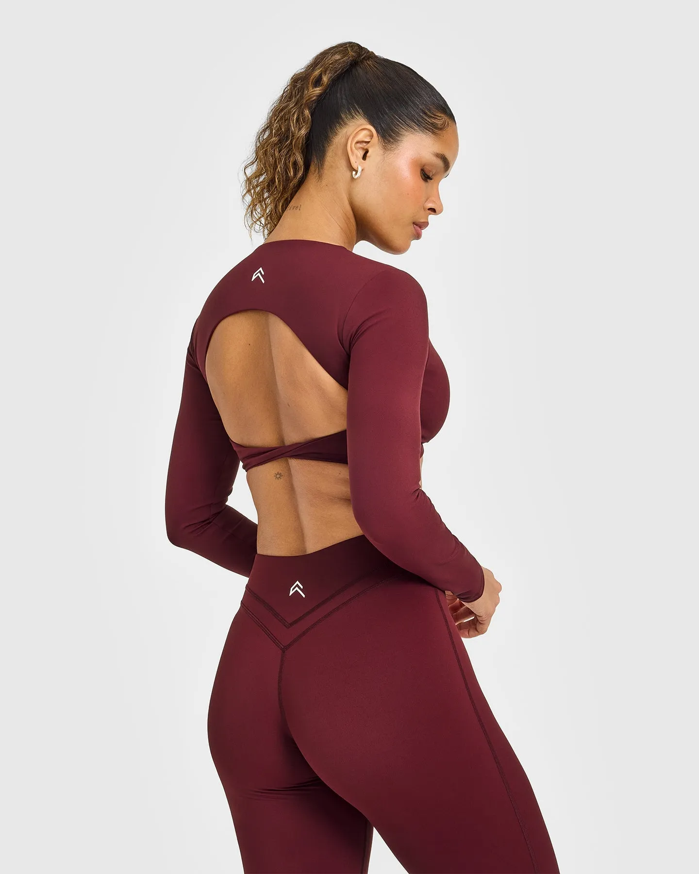 Unified Twist Front Long Sleeve Crop Top White Logo | Rosewood sold by Oner Active product image thumbnail 2