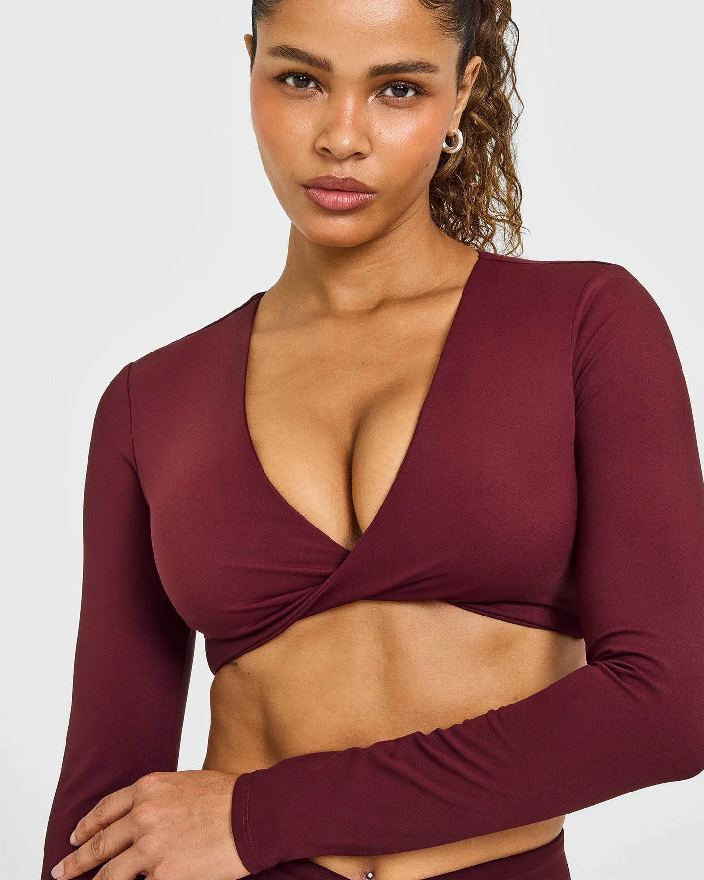 Unified Twist Front Long Sleeve Crop Top White Logo | Rosewood sold by Oner Active product image thumbnail 4