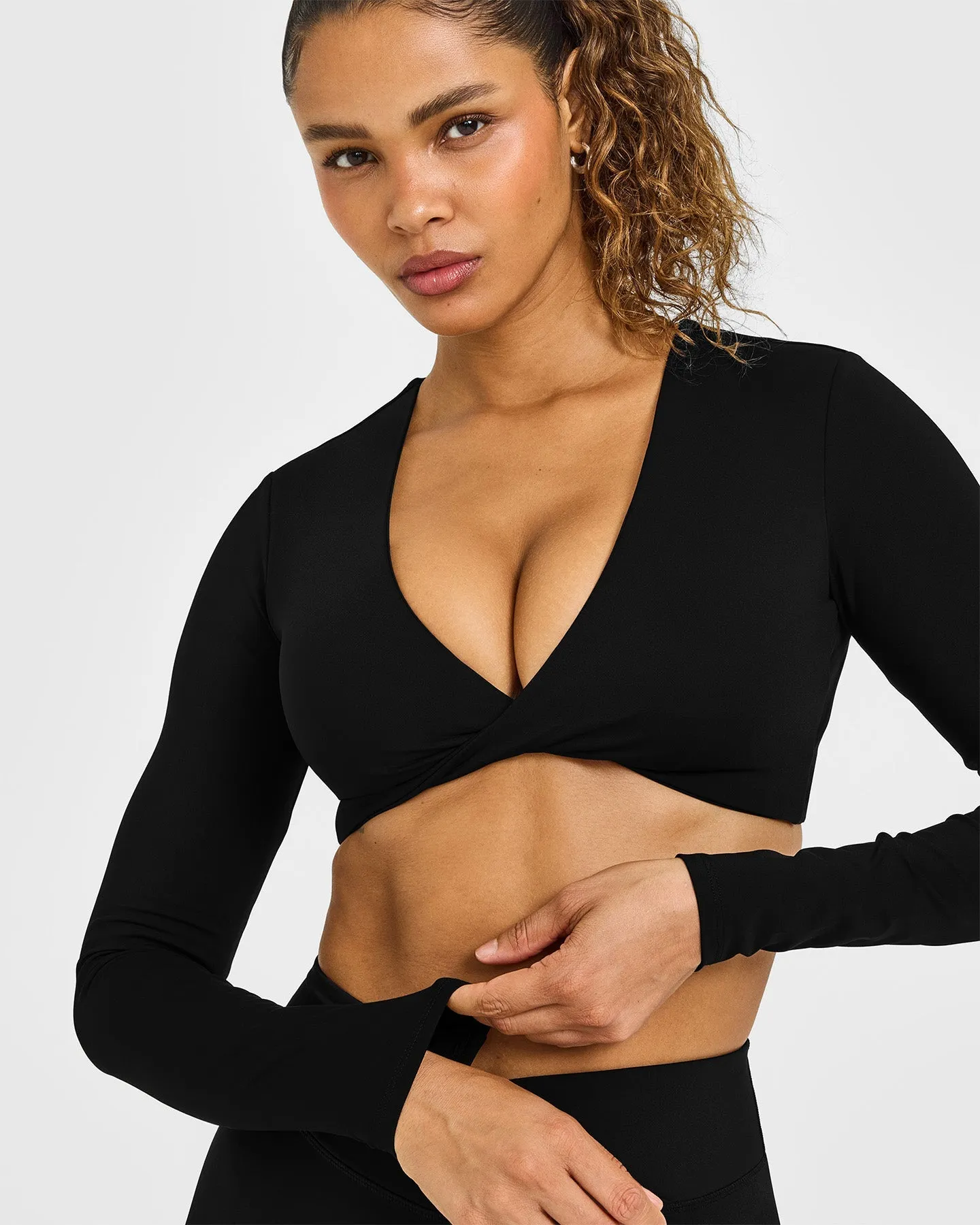 Unified Twist Front Long Sleeve Crop Top White Logo | Black sold by Oner Active product image thumbnail 5