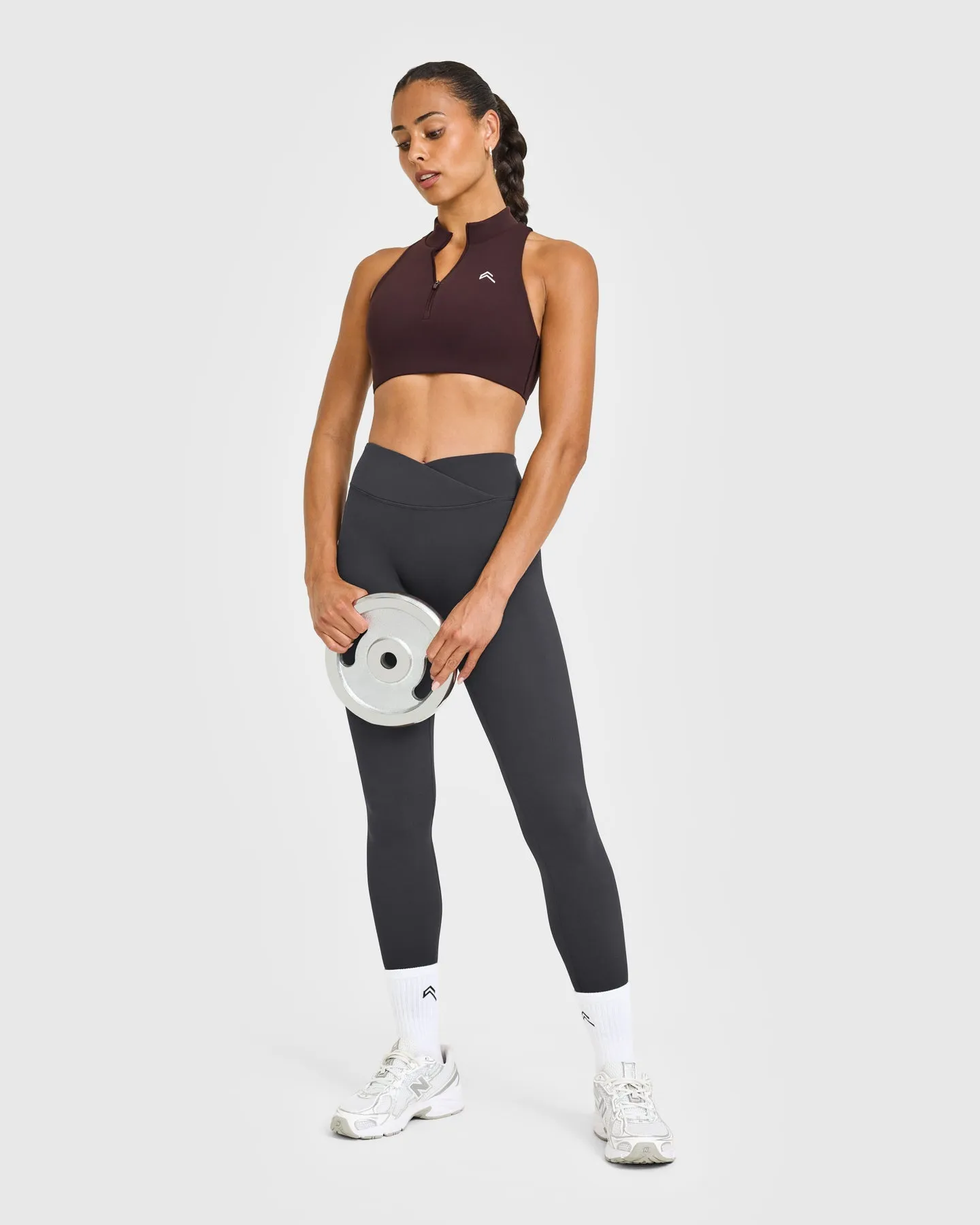 EasyLift™ Zip High Neck Sports Bra with White Logo | Plum Brown sold by Oner Active product image thumbnail 3