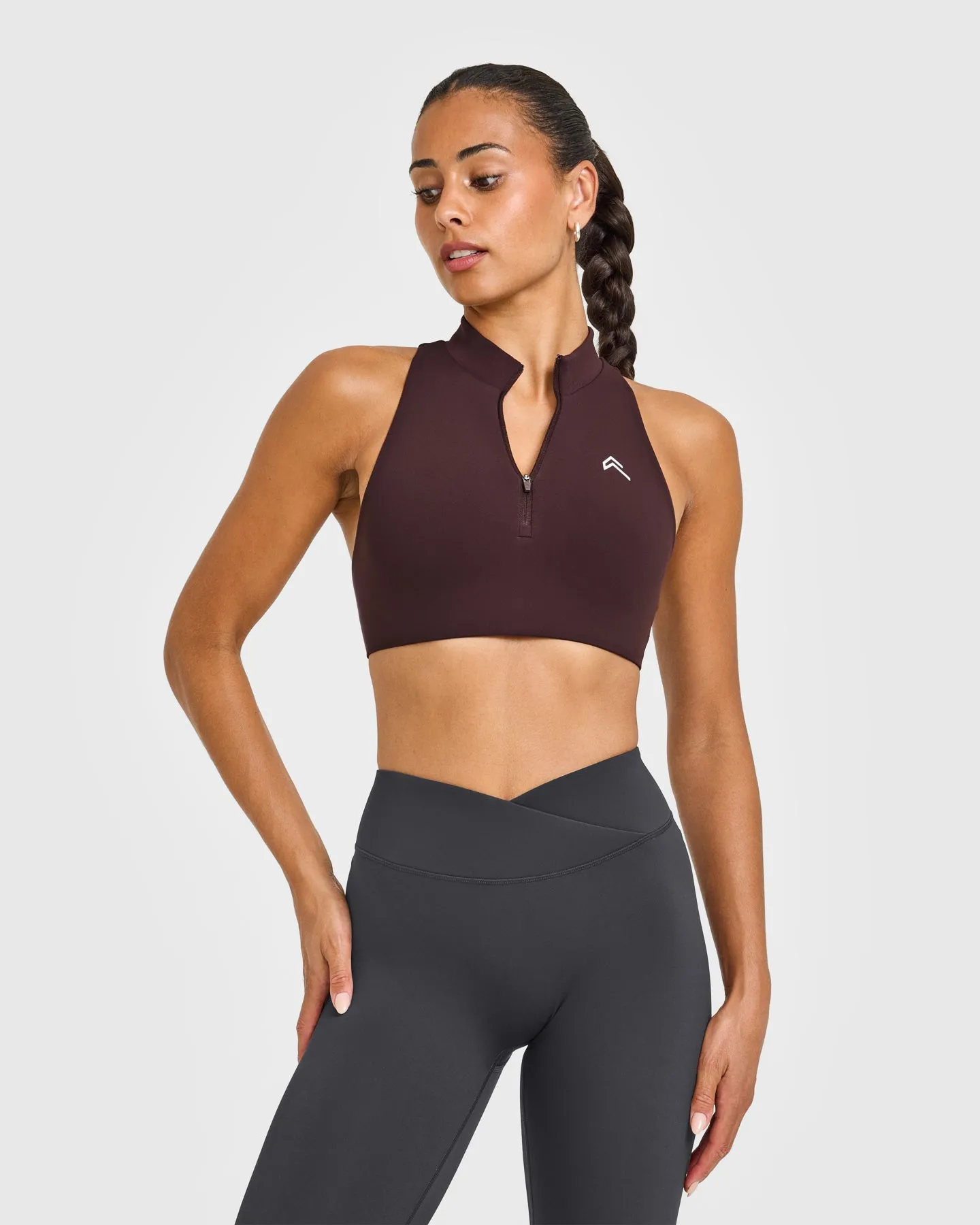 EasyLift™ Zip High Neck Sports Bra with White Logo | Plum Brown sold by Oner Active