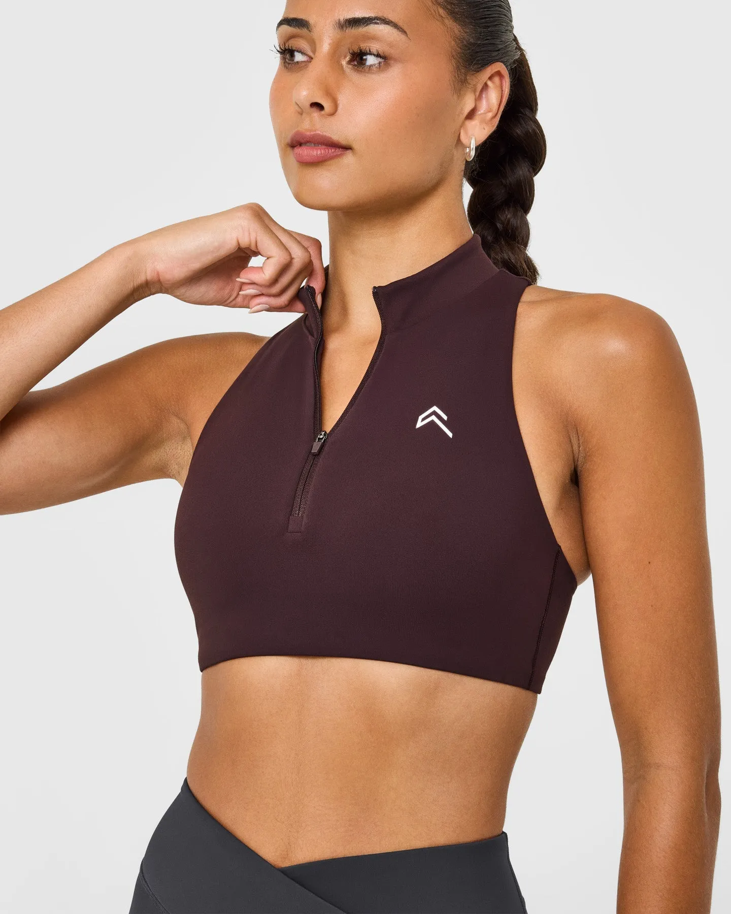EasyLift™ Zip High Neck Sports Bra with White Logo | Plum Brown sold by Oner Active product image thumbnail 5