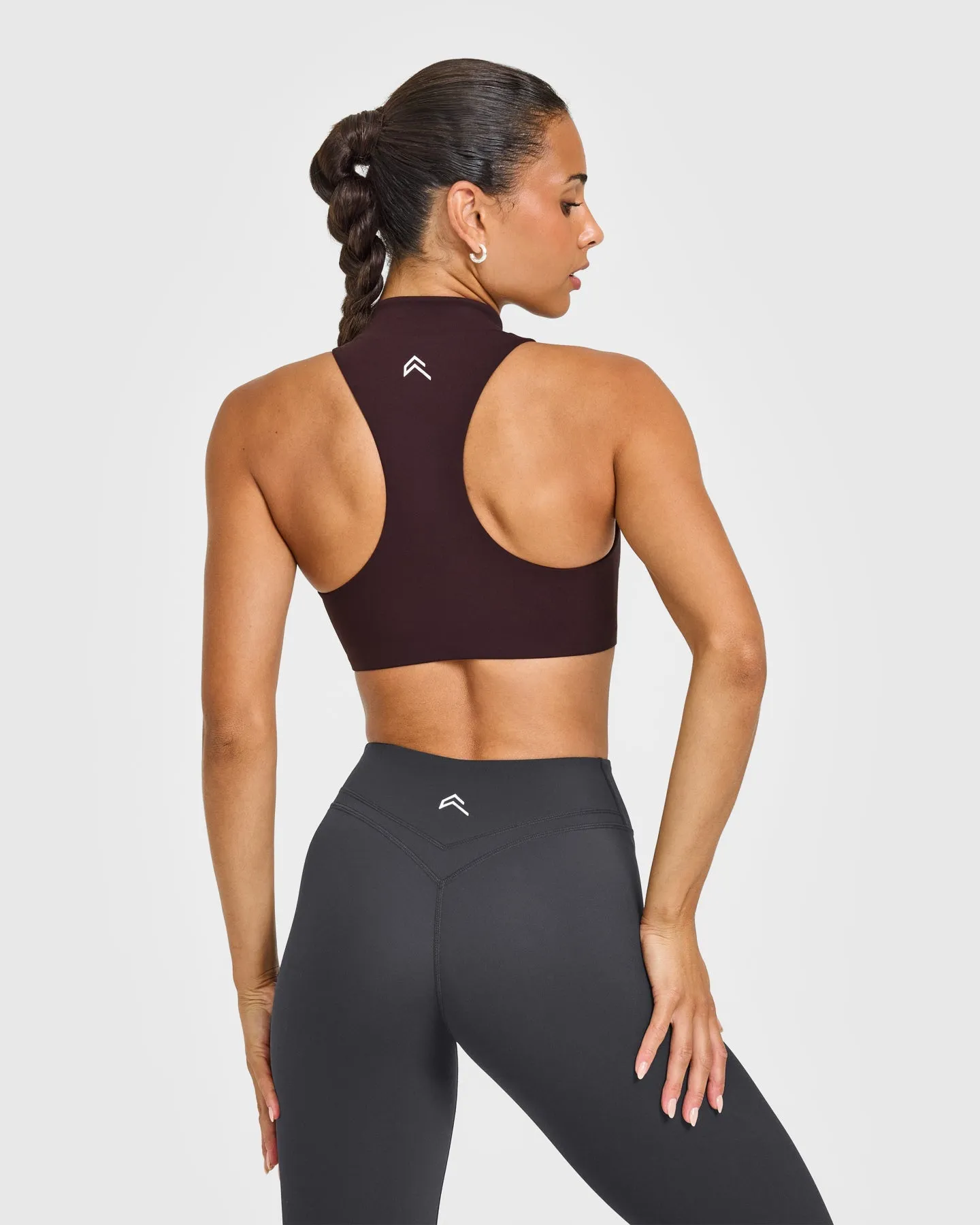 EasyLift™ Zip High Neck Sports Bra with White Logo | Plum Brown sold by Oner Active product image thumbnail 2