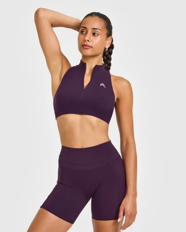 EasyLift™ Zip High Neck Sports Bra with White Logo | Blackberry Purple sold by Oner Active