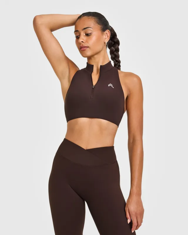 EasyLift™ Zip High Neck Sports Bra with White Logo | 70% Cocoa sold by Oner Active