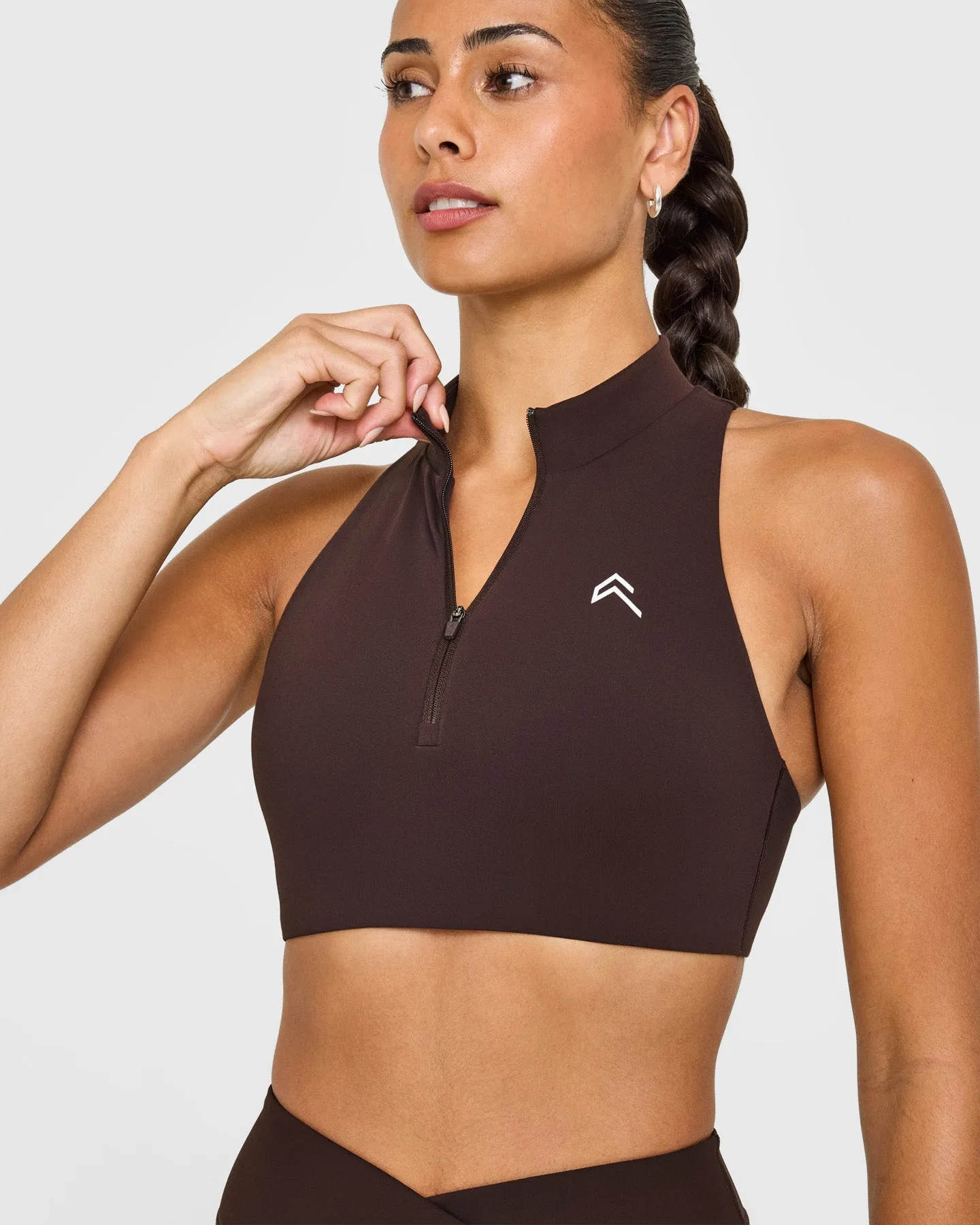 EasyLift™ Zip High Neck Sports Bra with White Logo | 70% Cocoa sold by Oner Active product image thumbnail 3