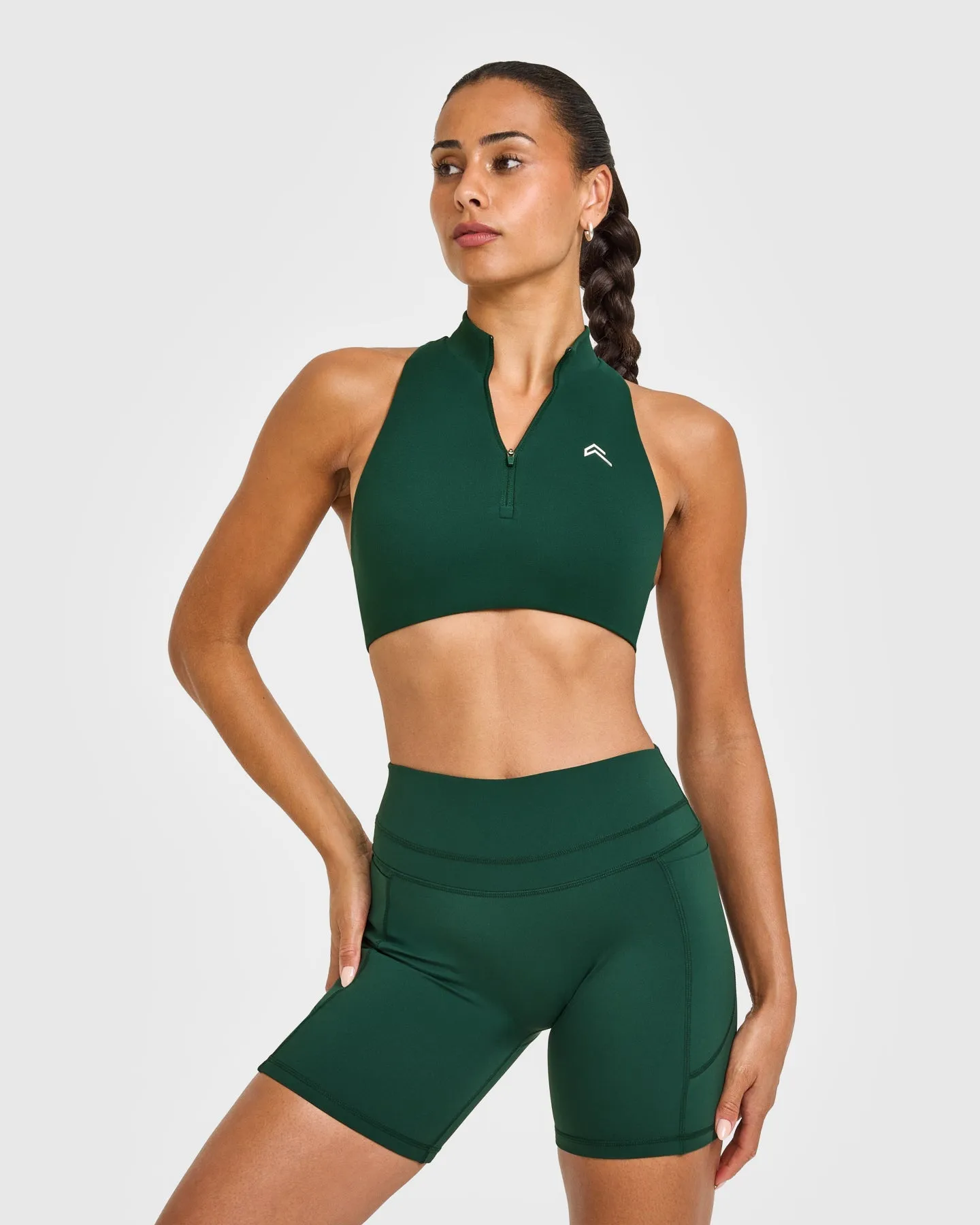 EasyLift™ Zip High Neck Sports Bra with White Logo | Racing Green sold by Oner Active