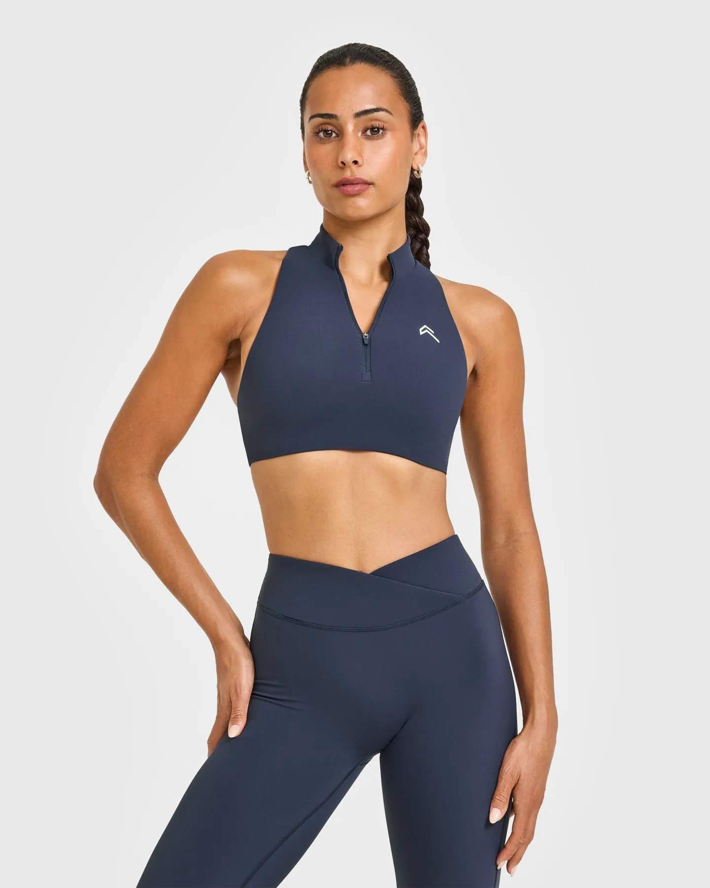EasyLift™ Zip High Neck Sports Bra with White Logo | True Blue sold by Oner Active