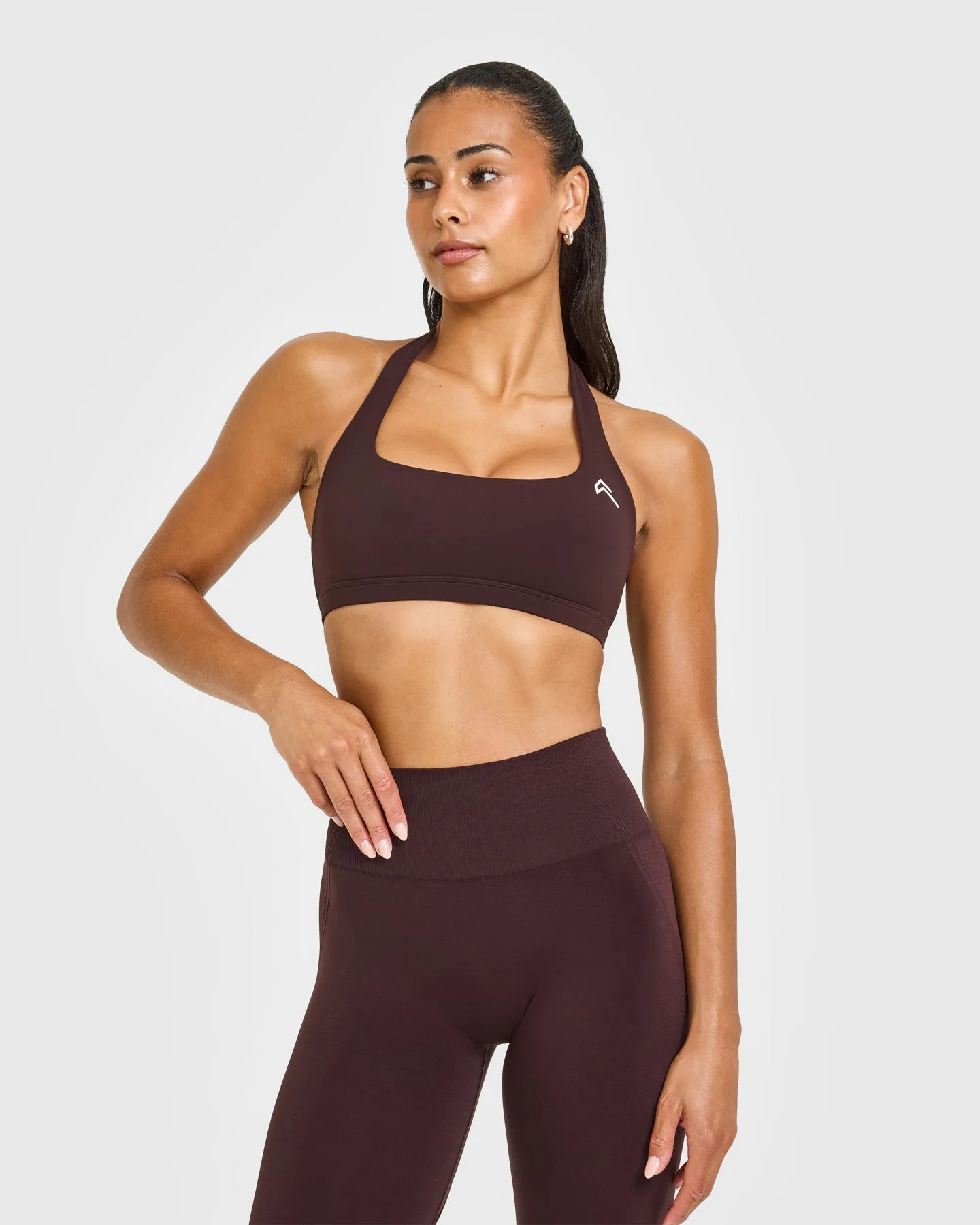 EasyLift™ Halter Bralette with White Logo | Plum Brown sold by Oner Active