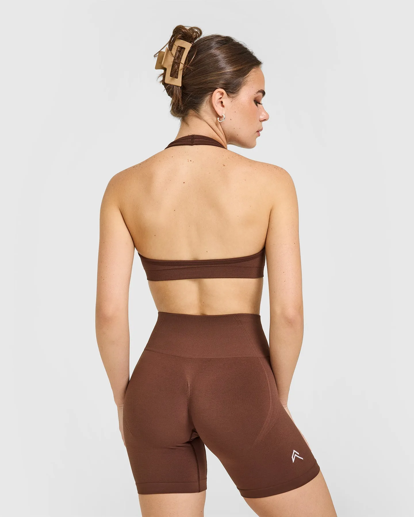 Effortless Seamless Halter Neck Sports Bra with White Logo | Rustic Brown sold by Oner Active product image thumbnail 2