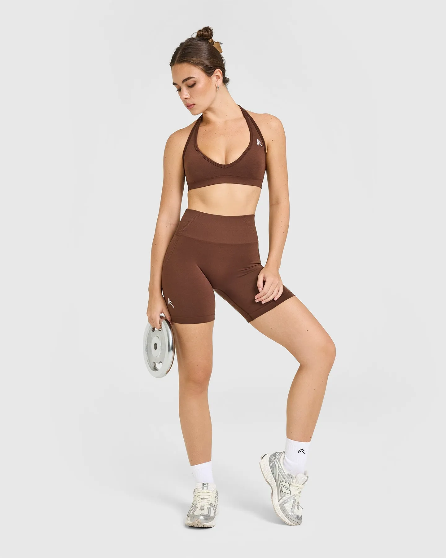 Effortless Seamless Halter Neck Sports Bra with White Logo | Rustic Brown sold by Oner Active product image thumbnail 3