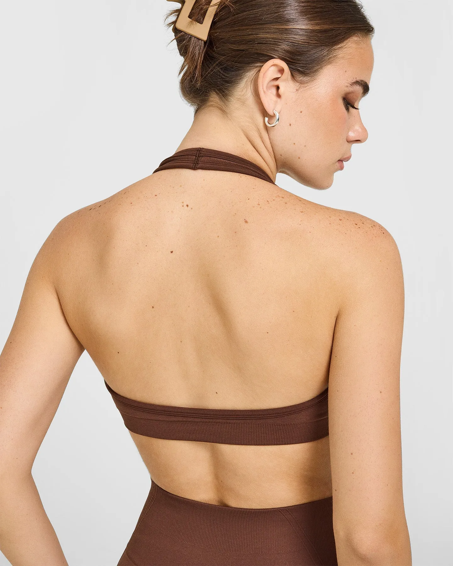 Effortless Seamless Halter Neck Sports Bra with White Logo | Rustic Brown sold by Oner Active product image thumbnail 4