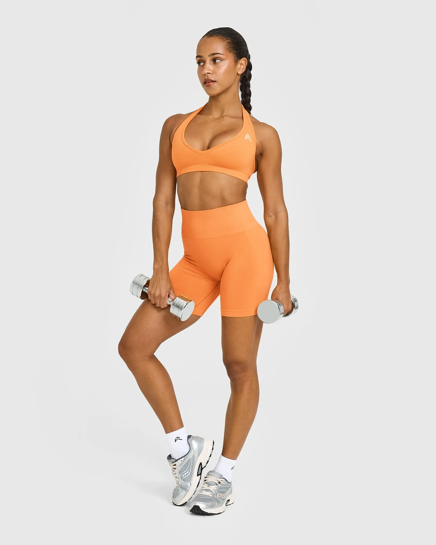 Effortless Seamless Halter Neck Sports Bra with White Logo | Apricot Orange sold by Oner Active product image thumbnail 3