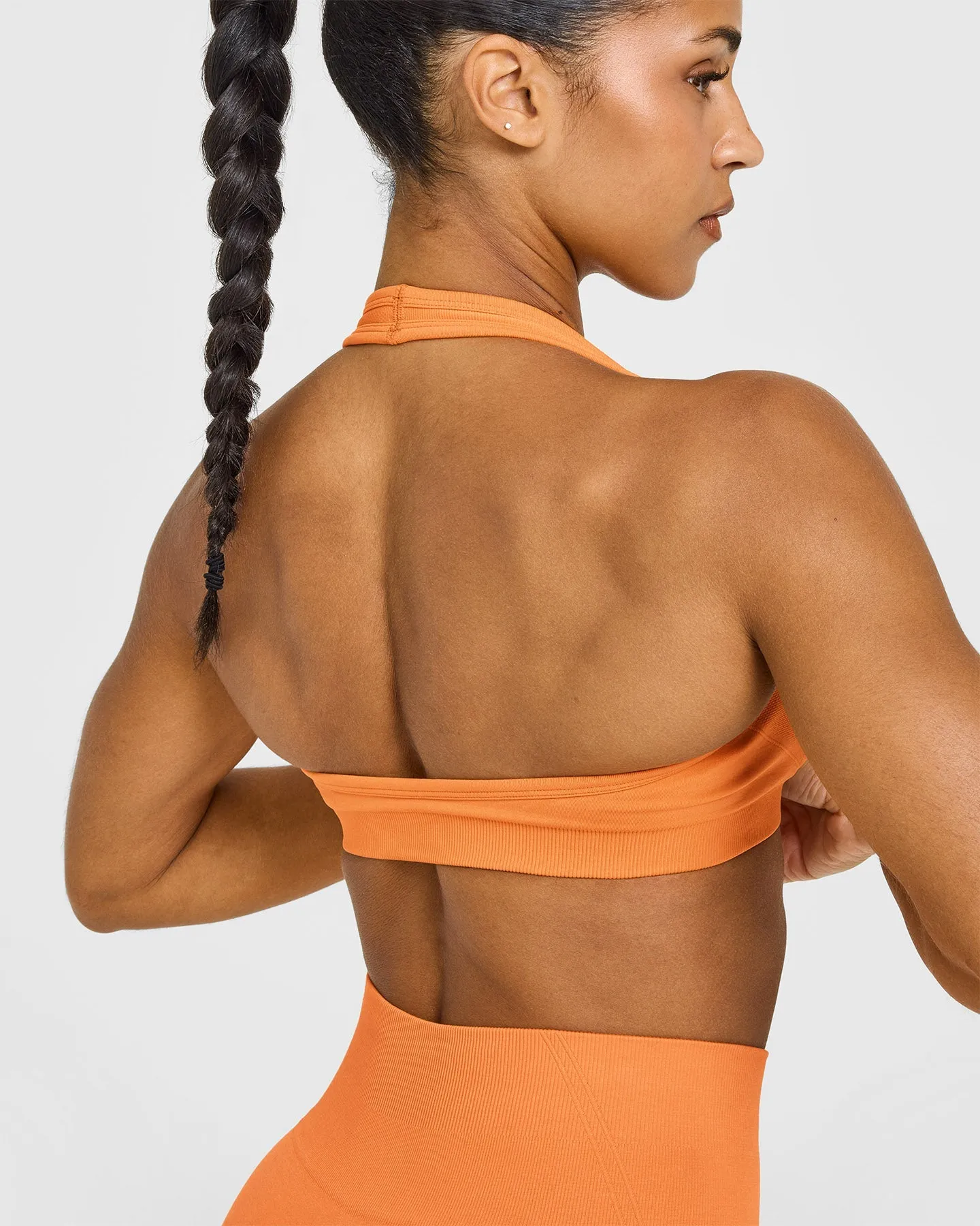 Effortless Seamless Halter Neck Sports Bra with White Logo | Apricot Orange sold by Oner Active product image thumbnail 4