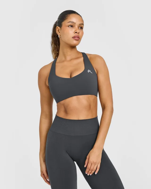 EasyLift™ Cross Back Sports Bra with White Logo | Coal sold by Oner Active