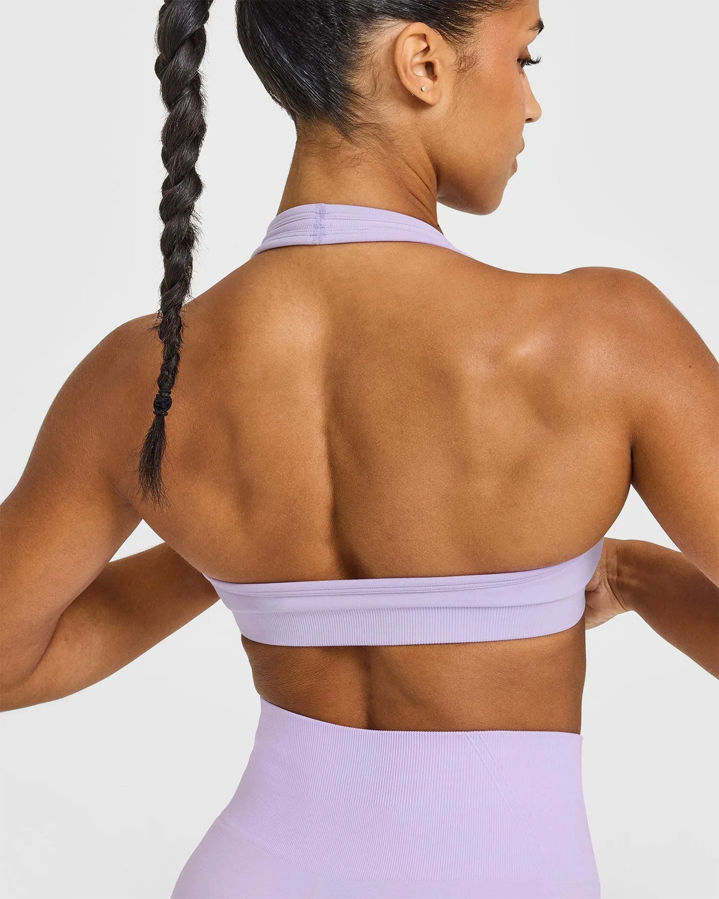 Effortless Seamless Halter Neck Sports Bra with White Logo | Lavender Purple sold by Oner Active product image thumbnail 4
