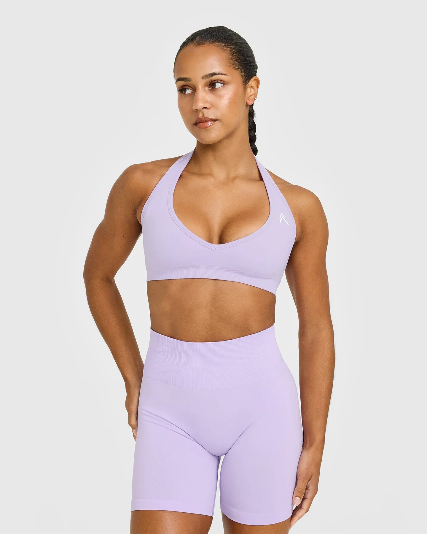 Effortless Seamless Halter Neck Sports Bra with White Logo | Lavender Purple sold by Oner Active