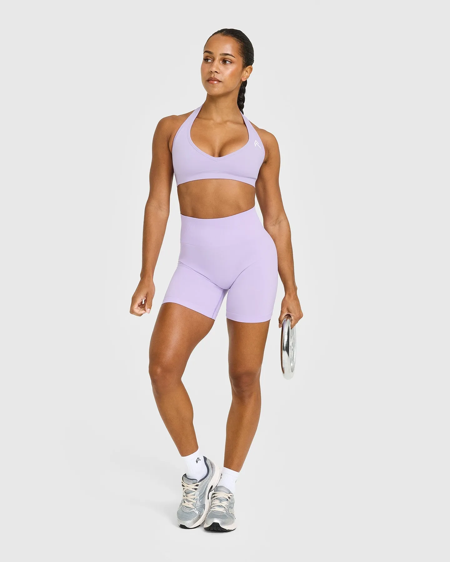 Effortless Seamless Halter Neck Sports Bra with White Logo | Lavender Purple sold by Oner Active product image thumbnail 3