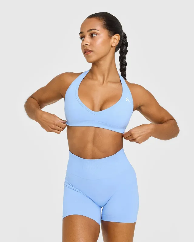 Effortless Seamless Halter Neck Sports Bra with White Logo | Powdered Blue sold by Oner Active