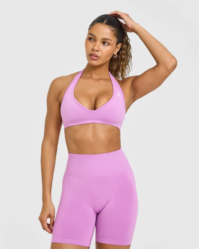 Effortless Seamless Halter Neck Sports Bra with White Logo | Orchid Purple sold by Oner Active