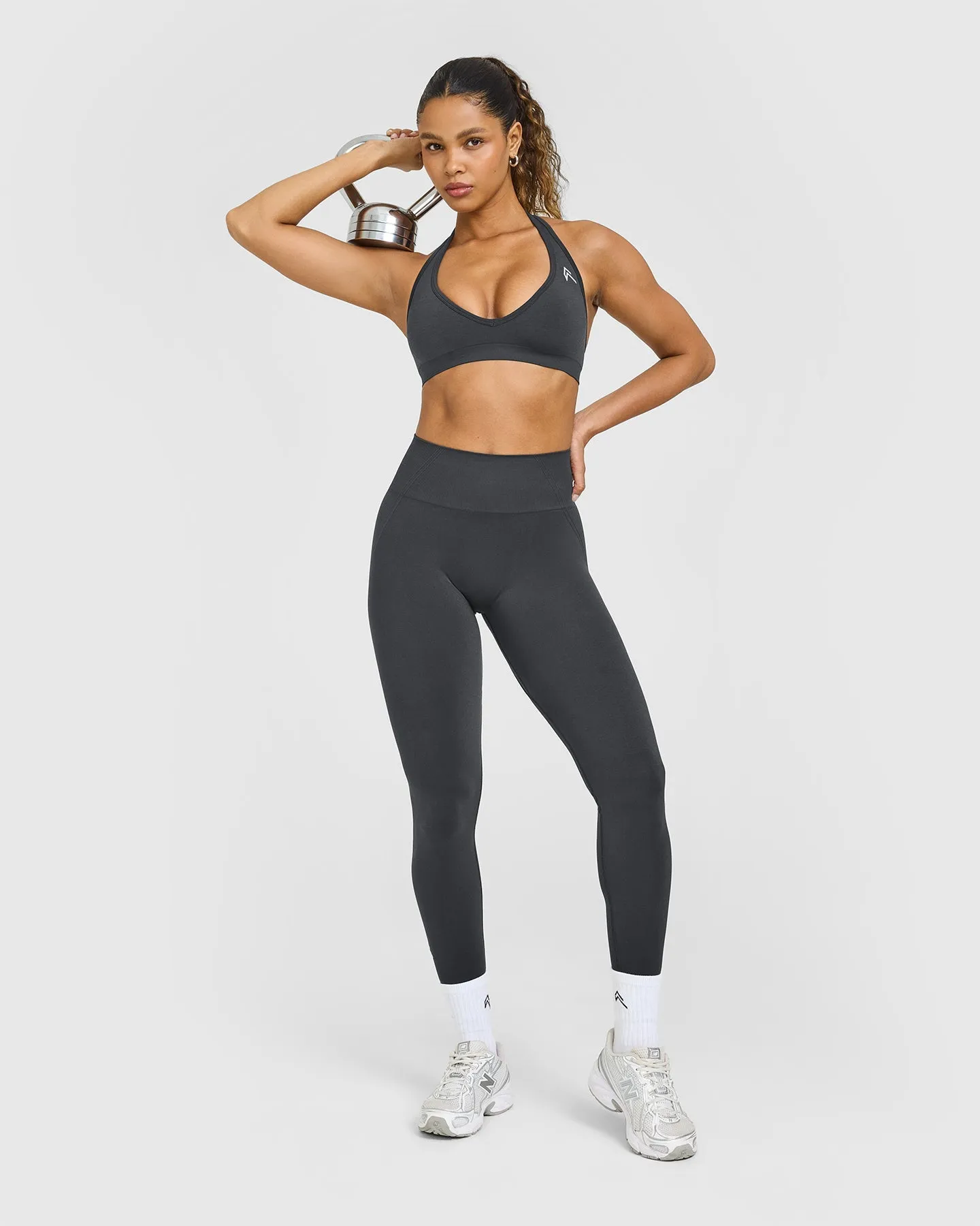 Effortless Seamless Halter Neck Sports Bra with White Logo | Coal sold by Oner Active product image thumbnail 3