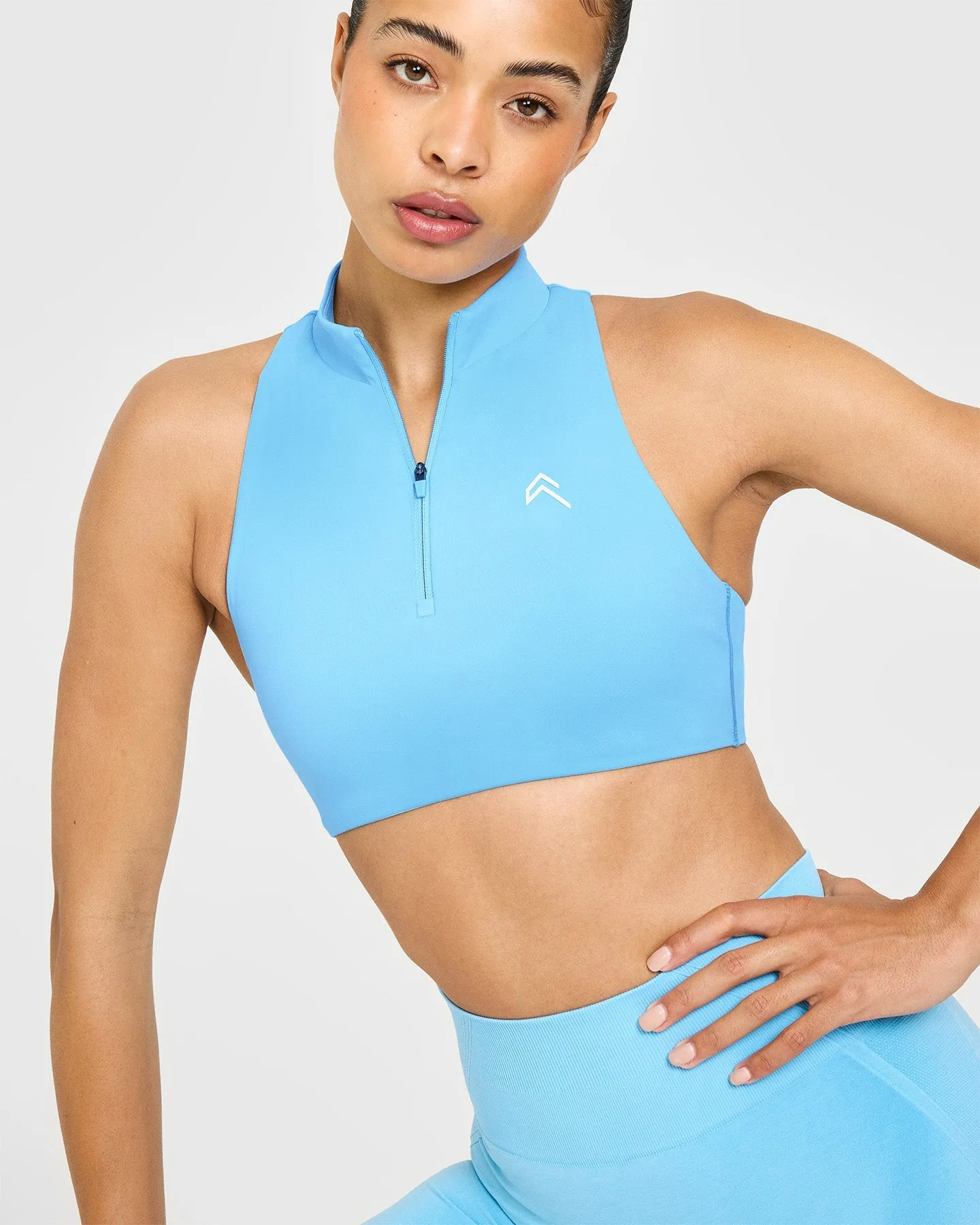 EasyLift™ Zip High Neck Sports Bra with White Logo | Arctic Blue sold by Oner Active product image thumbnail 5