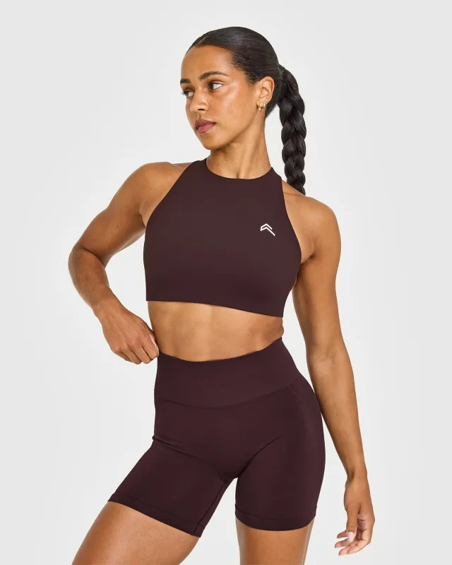 EasyLift™ High Neck Sports Bra with White Logo | Plum Brown sold by Oner Active