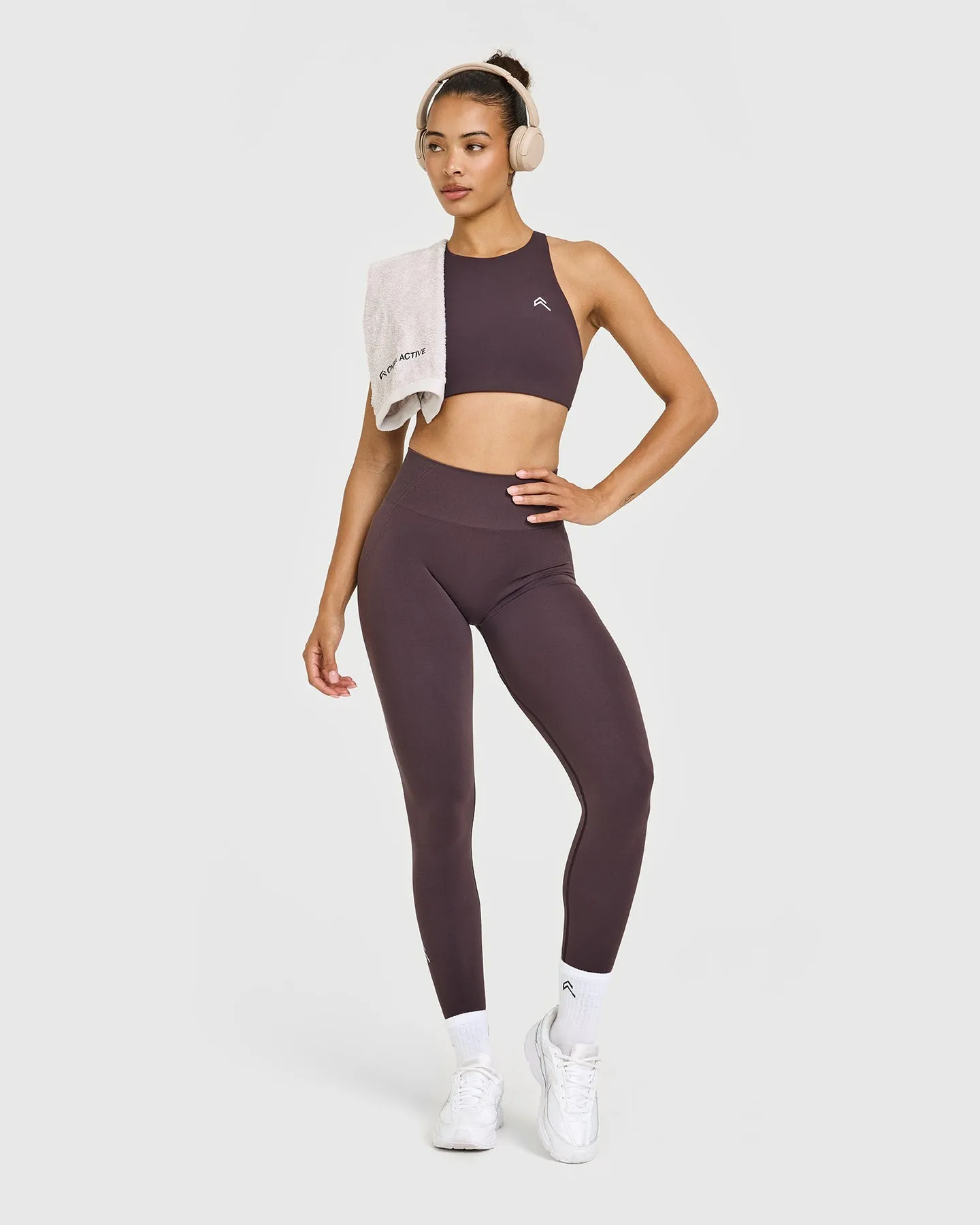 EasyLift™ High Neck Sports Bra with White Logo | Dark Umber Brown sold by Oner Active product image thumbnail 3