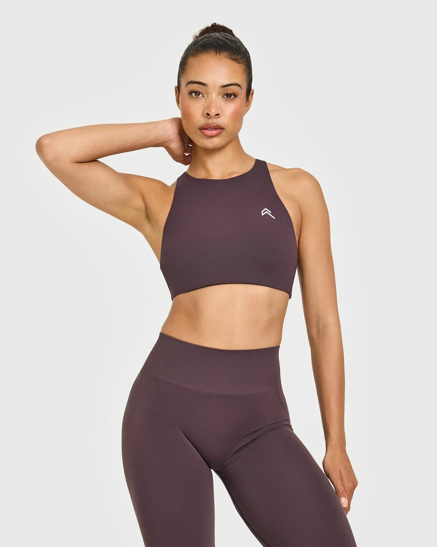 EasyLift™ High Neck Sports Bra with White Logo | Dark Umber Brown sold by Oner Active