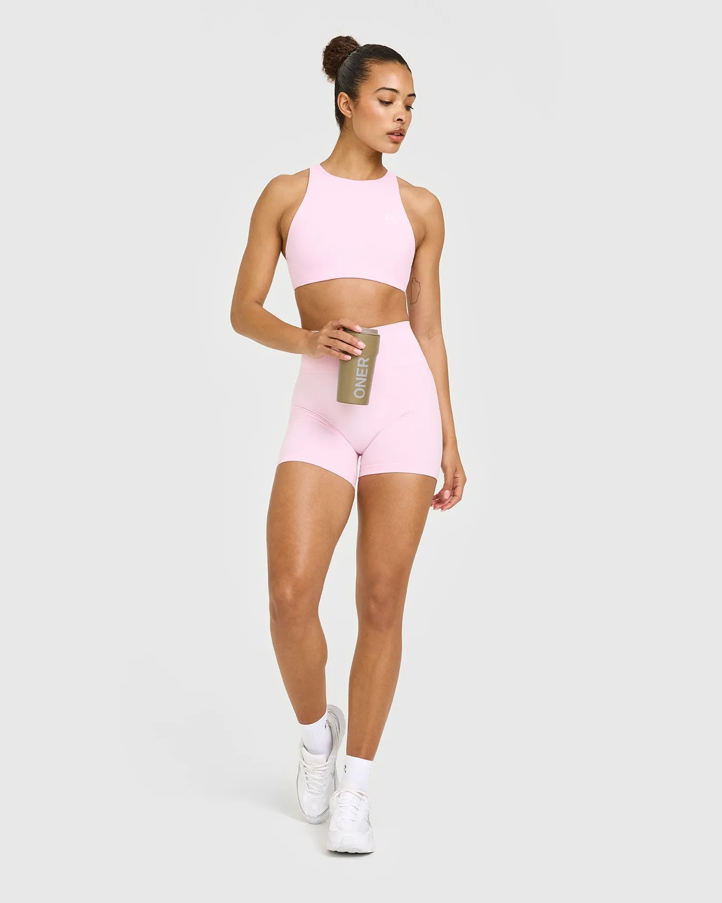 EasyLift™ High Neck Sports Bra with White Logo | Chalk Pink sold by Oner Active product image thumbnail 3