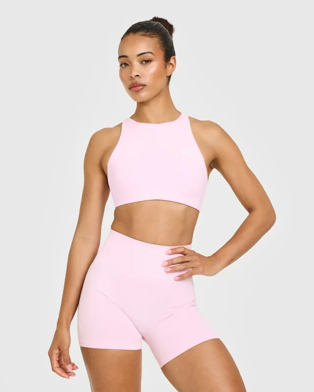 EasyLift™ High Neck Sports Bra with White Logo | Chalk Pink sold by Oner Active