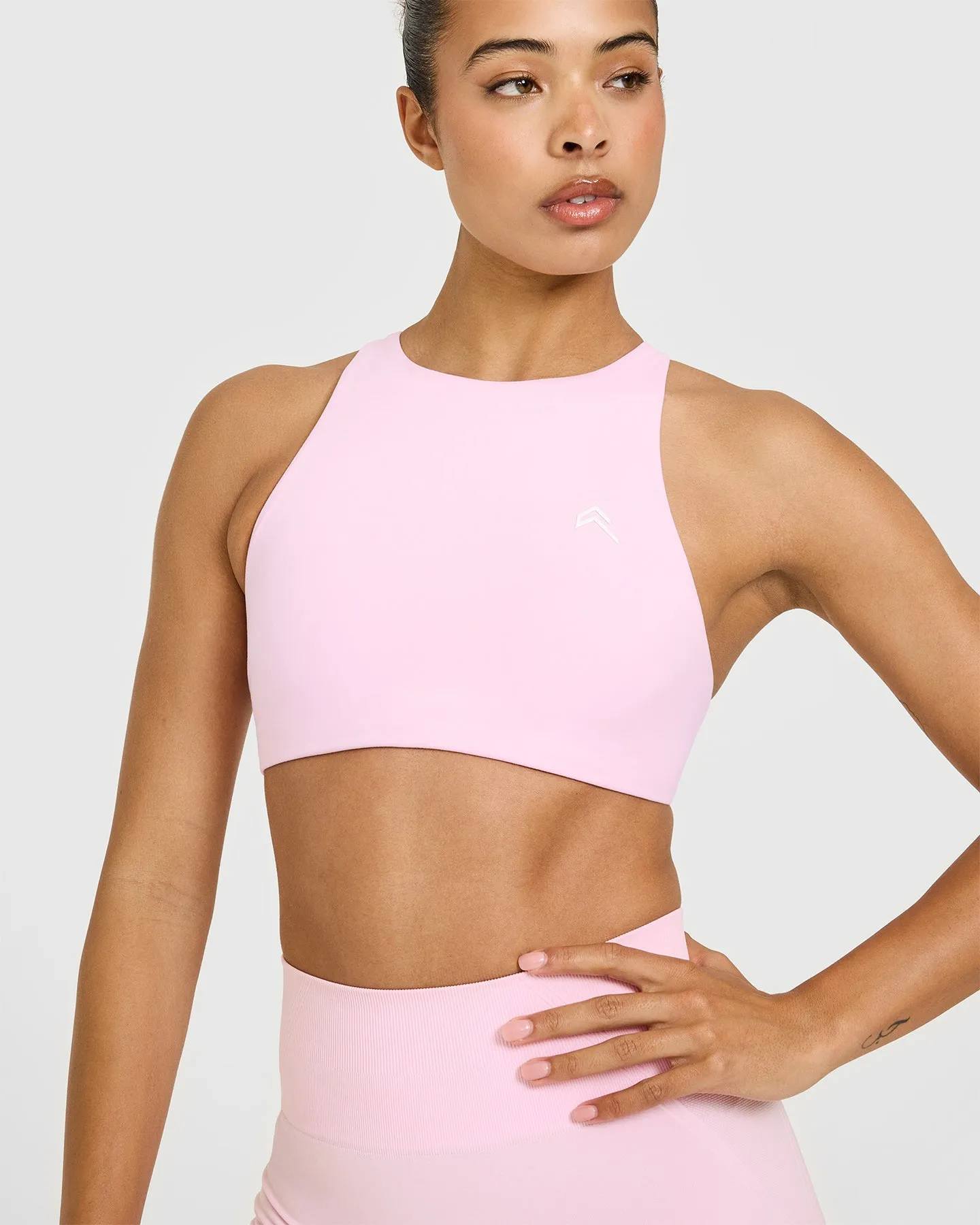 EasyLift™ High Neck Sports Bra with White Logo | Chalk Pink sold by Oner Active product image thumbnail 5