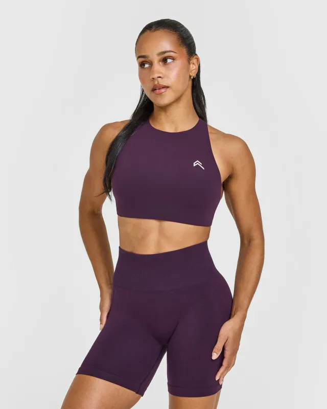 EasyLift™ High Neck Sports Bra with White Logo | Blackberry Purple sold by Oner Active
