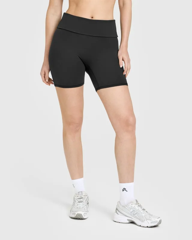 SoftMotion™ Fold Over Shorts 6" with White Logo | Soft Black sold by Oner Active