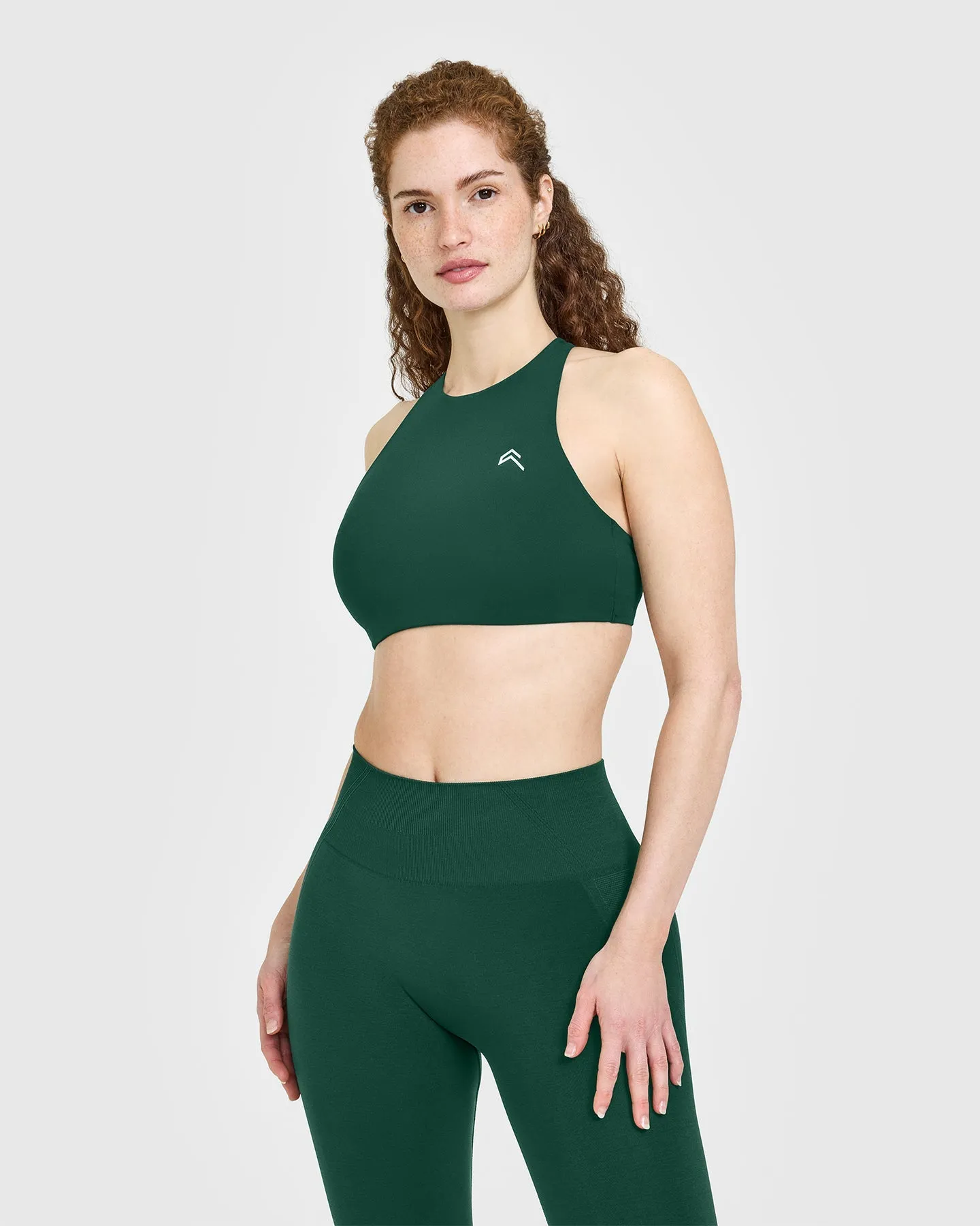EasyLift™ High Neck Sports Bra with White Logo | Racing Green sold by Oner Active