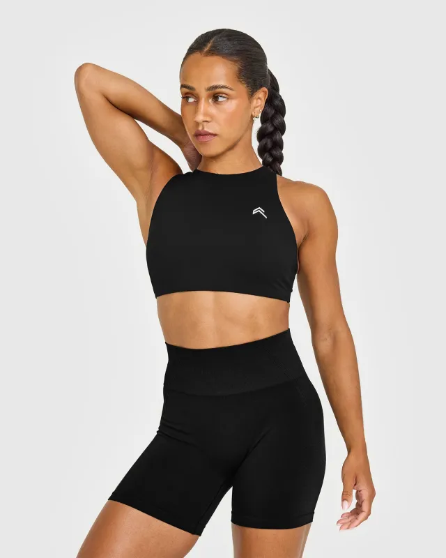 EasyLift™ High Neck Sports Bra with White Logo | Black sold by Oner Active