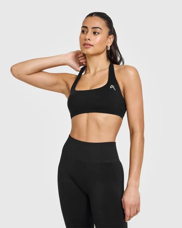 EasyLift™ Halter Bralette with White Logo | Black sold by Oner Active