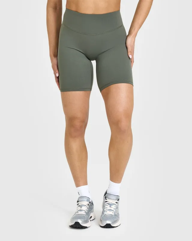 SoftMotion™ Cycling Shorts 8" with White Logo | Dark Khaki sold by Oner Active
