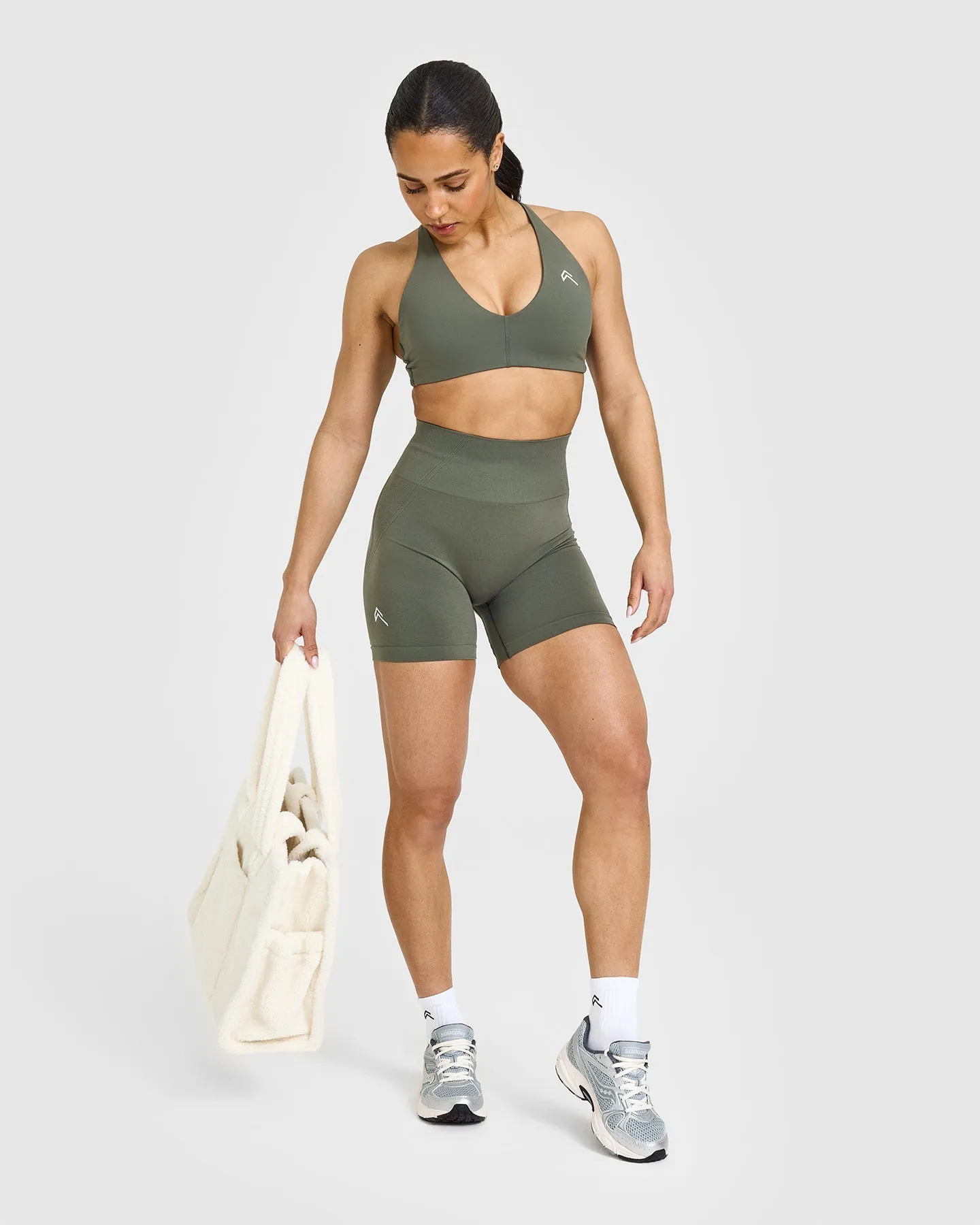 Effortless Seamless Shorts with White Logo | Dark Khaki sold by Oner Active product image thumbnail 3
