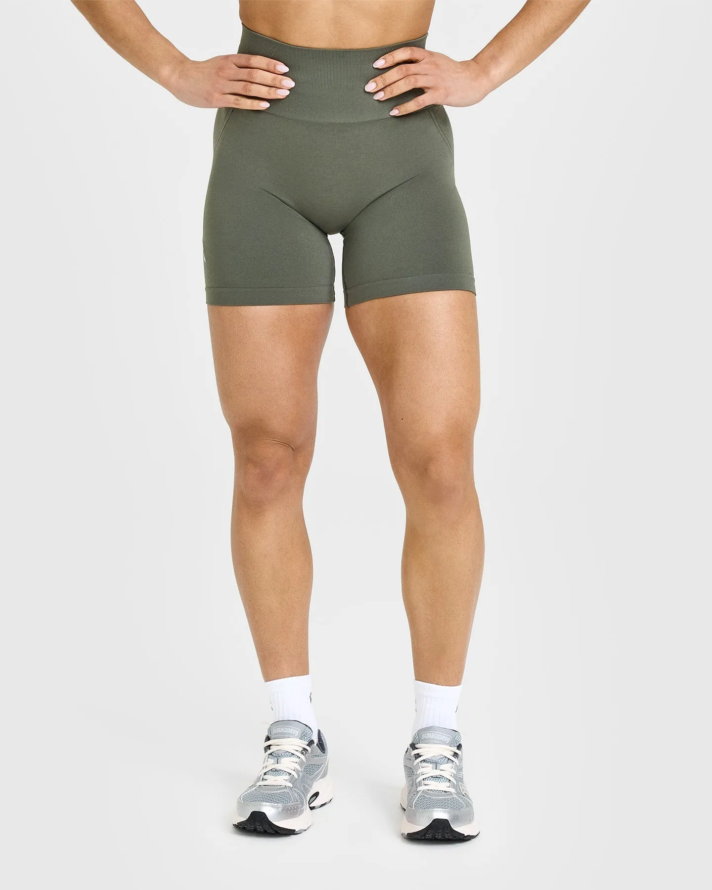 Effortless Seamless Shorts with White Logo | Dark Khaki sold by Oner Active
