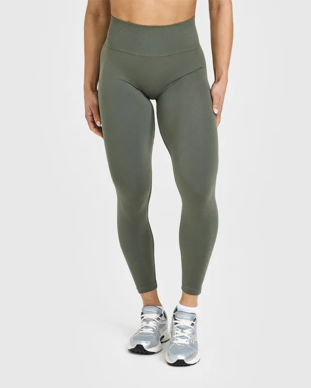 Effortless Seamless Leggings with White Logo | Dark Khaki sold by Oner Active