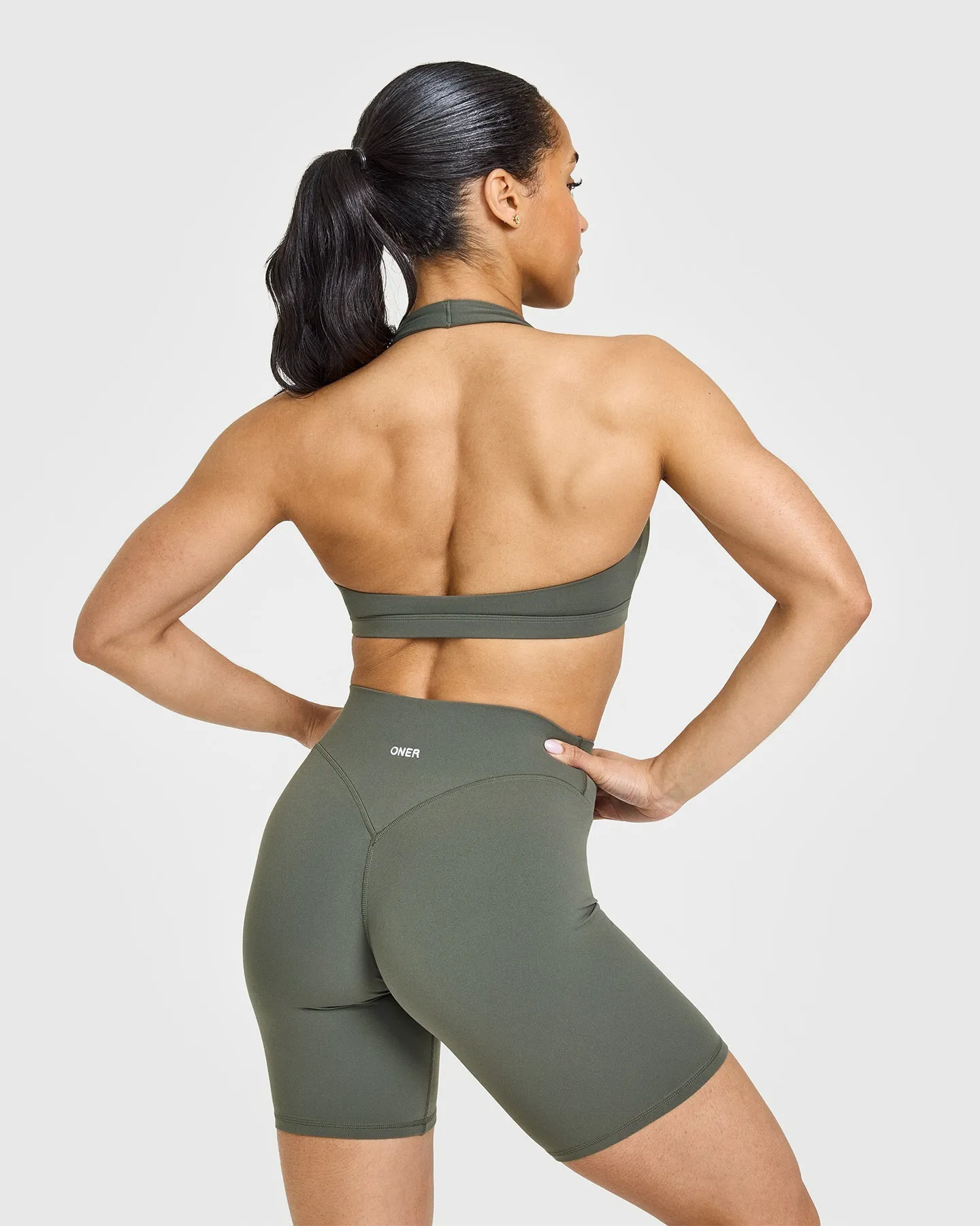 EasyLift™ Halter Bralette with White Logo | Dark Khaki sold by Oner Active product image thumbnail 2